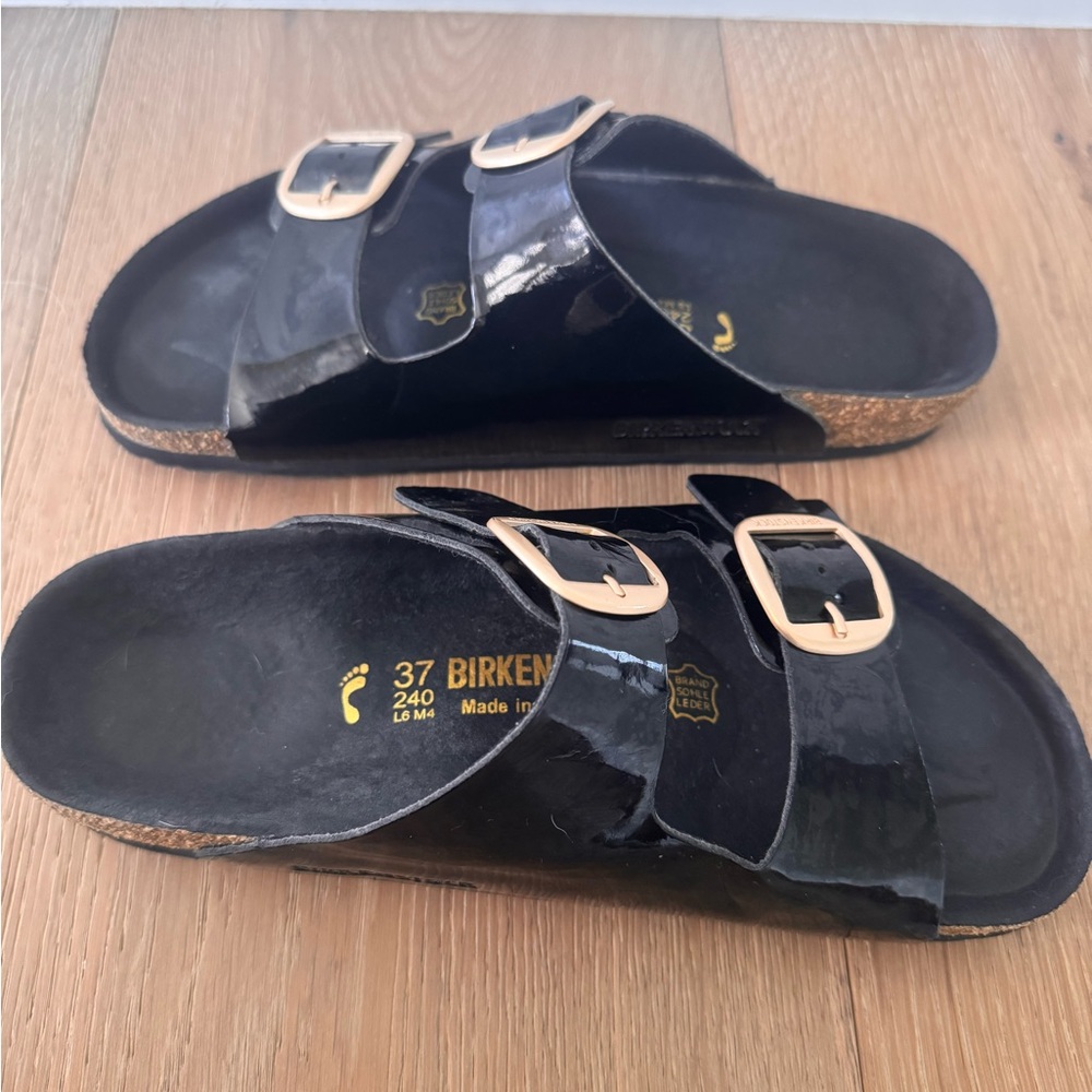 Birkenstock Glossy Black Sandals with Gold Buckles - Picture 4 of 4